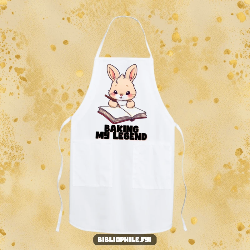 Funny fluffy rabbit holding a quill, about to write in a large tome, on a kitchen apron.