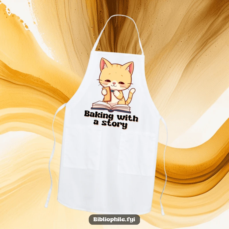 Funny Cat Apron showing a cute cat character playfully batting at a bookmark, ideal for kitchen use, adding humor and personality to cooking.