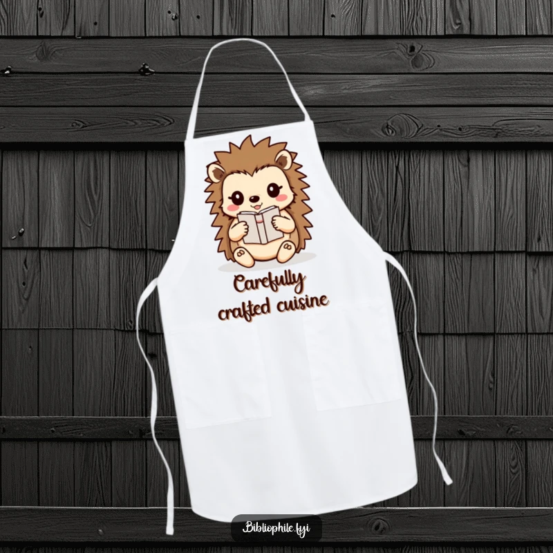 Funny Hedgehog Apron showing a cute hedgehog character carefully carrying a small book, adding gentle humor to kitchen activities.