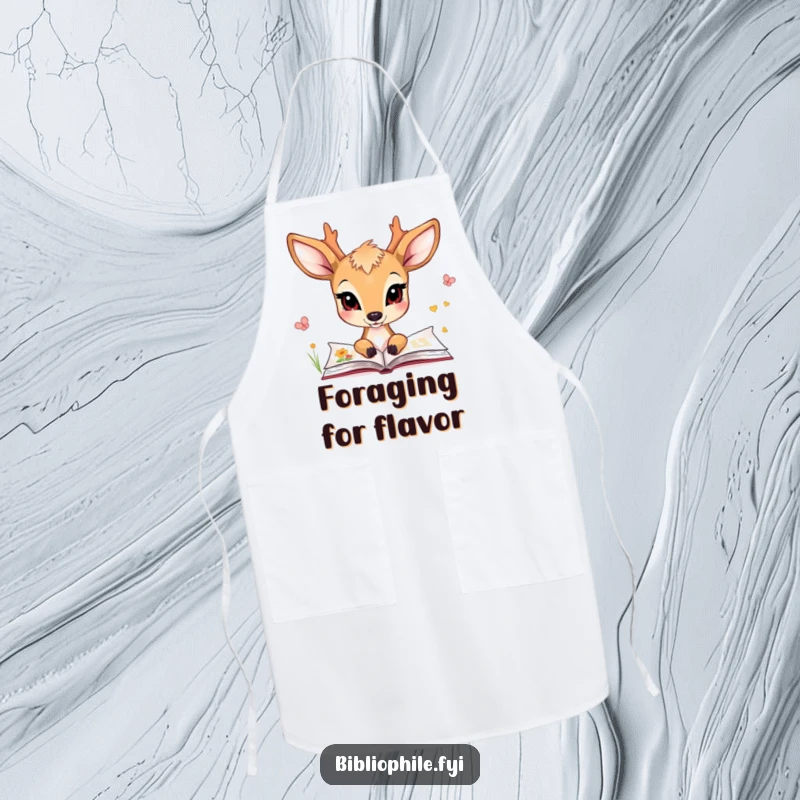 Funny apron featuring a charming deer character gazing at illustrated pages, perfect for creative endeavors.