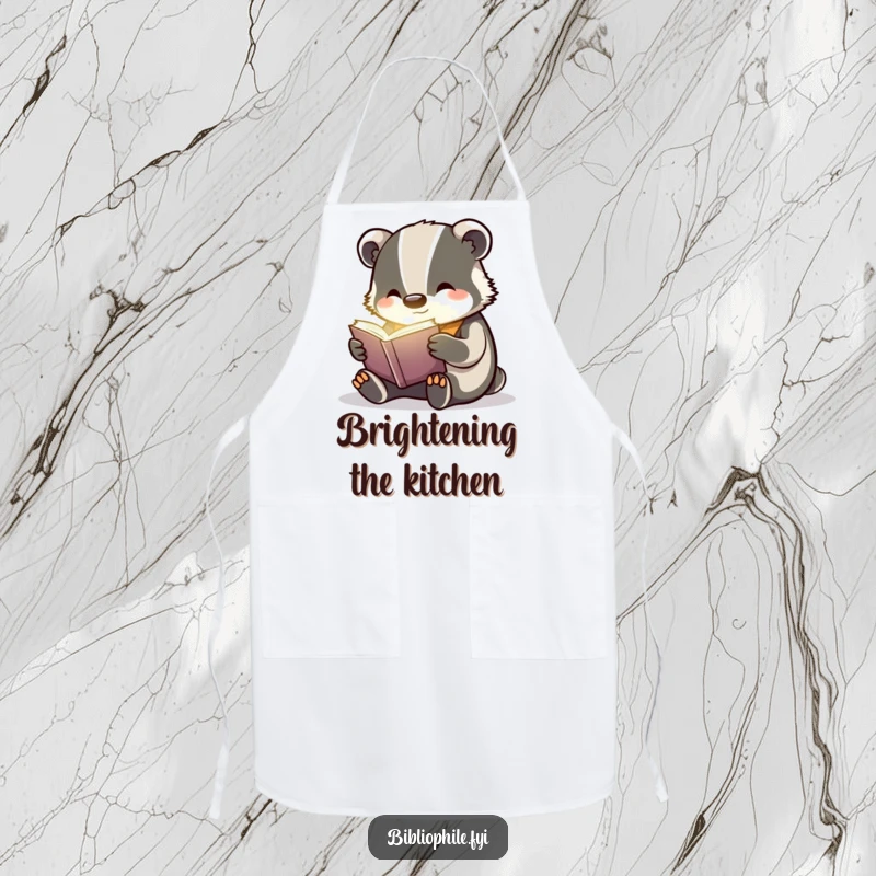 Funny cheerful badger engrossed in a glowing book, on a kitchen apron, perfect for magical cooking.