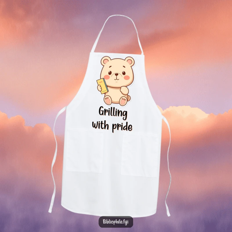 Funny proud bear holding a bookmark, designed on a practical apron for chefs and readers.