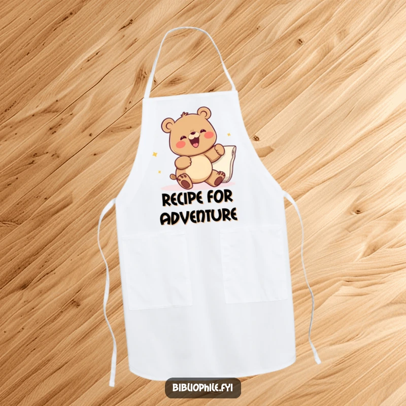 Funny apron showing an excited bear character turning a large book page, bringing literary joy to the kitchen, ideal for foodie readers.