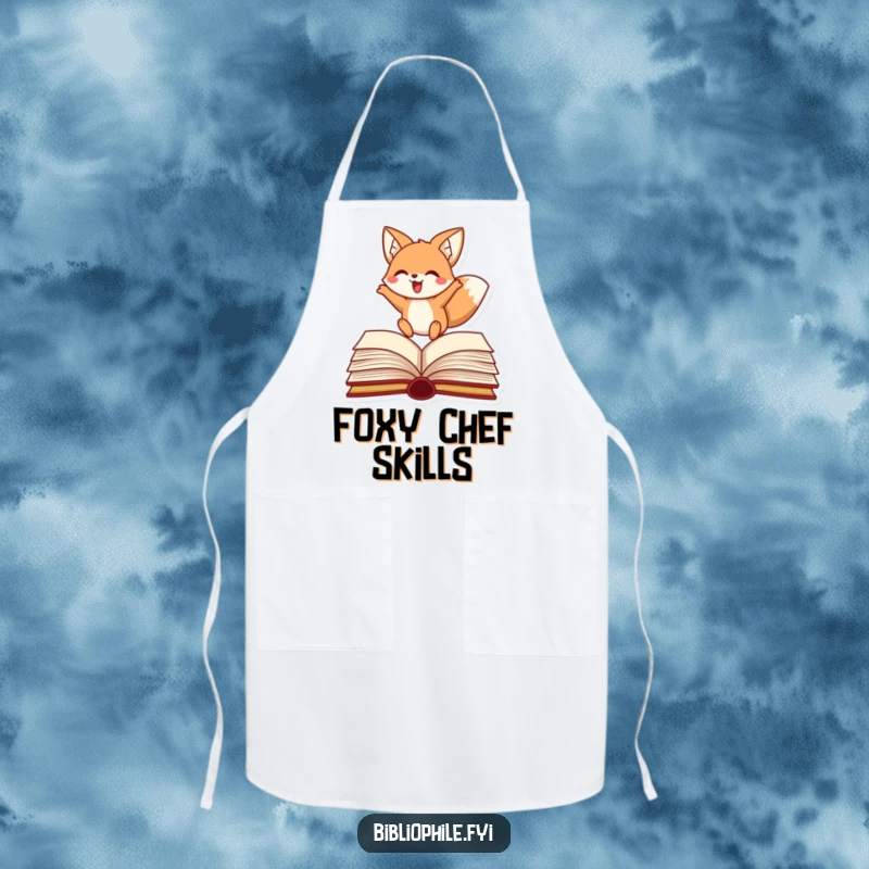 Funny fox apron with a happy character leaping over a book, perfect for a playful kitchen.