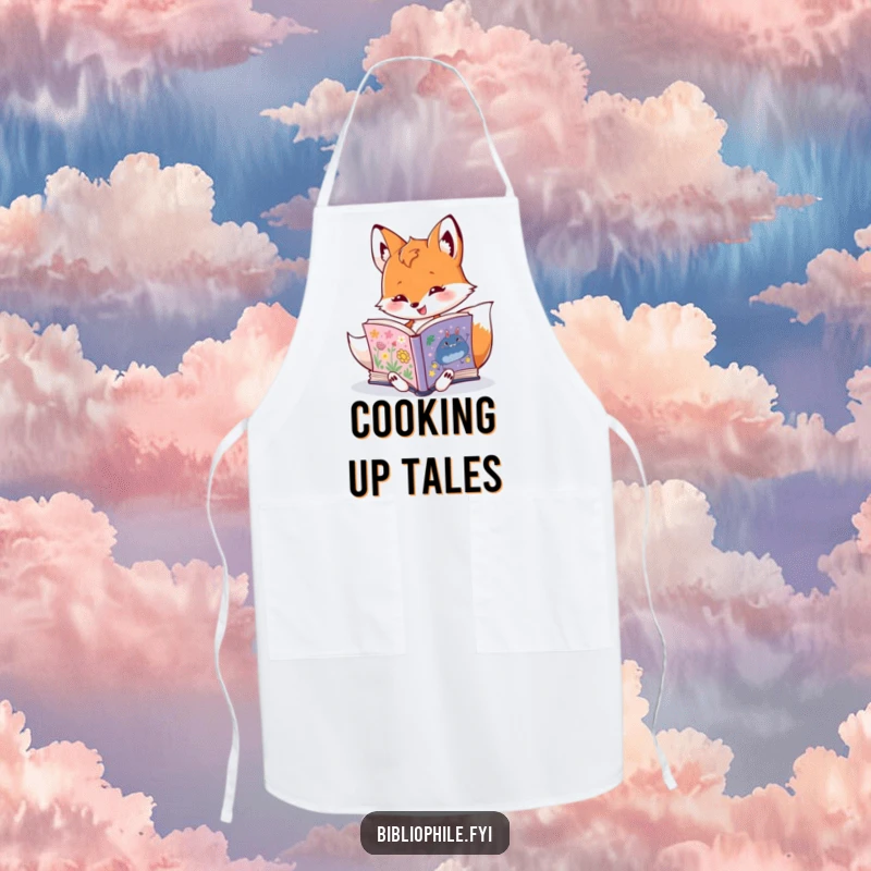 Funny fox character reading while wearing a chef apron, combining cooking and books with humor, a unique funny gift.