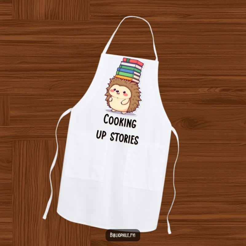 Funny hedgehog apron, balancing a tower of books on its head while cooking, kitchen funny gift.