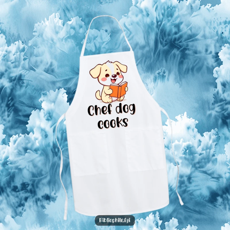 Funny kawaii dog wagging its tail excitedly while holding a storybook, printed on a stylish and humorous kitchen apron.