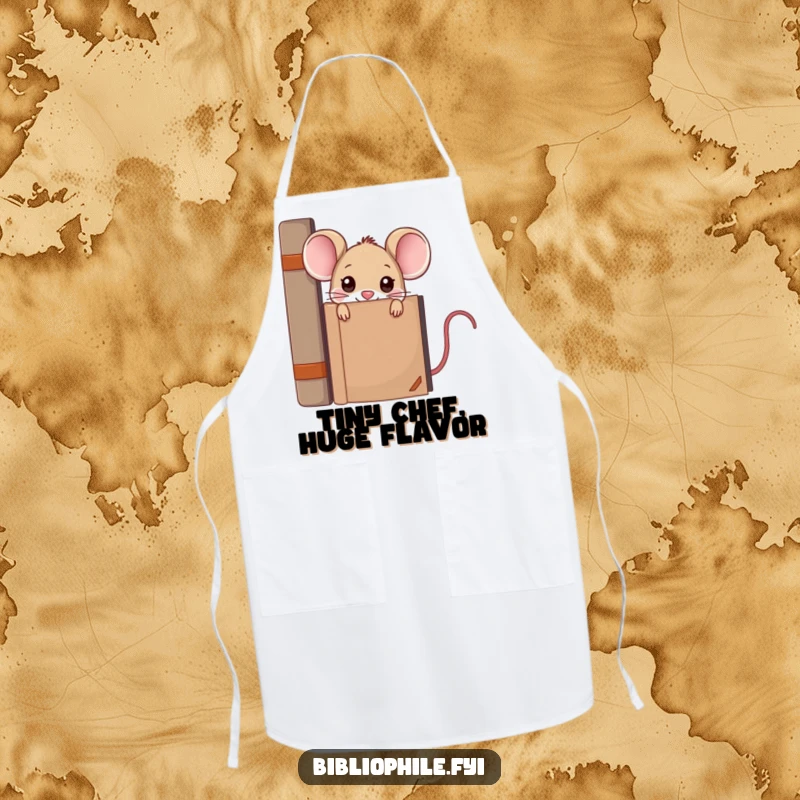 Funny kawaii mouse peeking from behind a large encyclopedia, printed on a stylish and humorous kitchen apron.