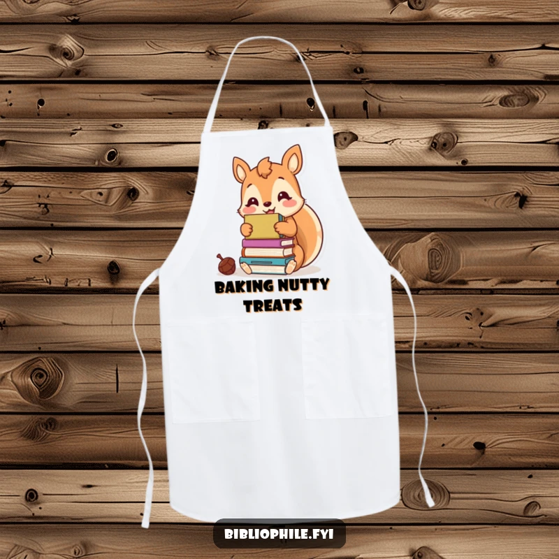 Funny kawaii squirrel hoarding books like acorns, printed on a stylish and humorous kitchen apron.