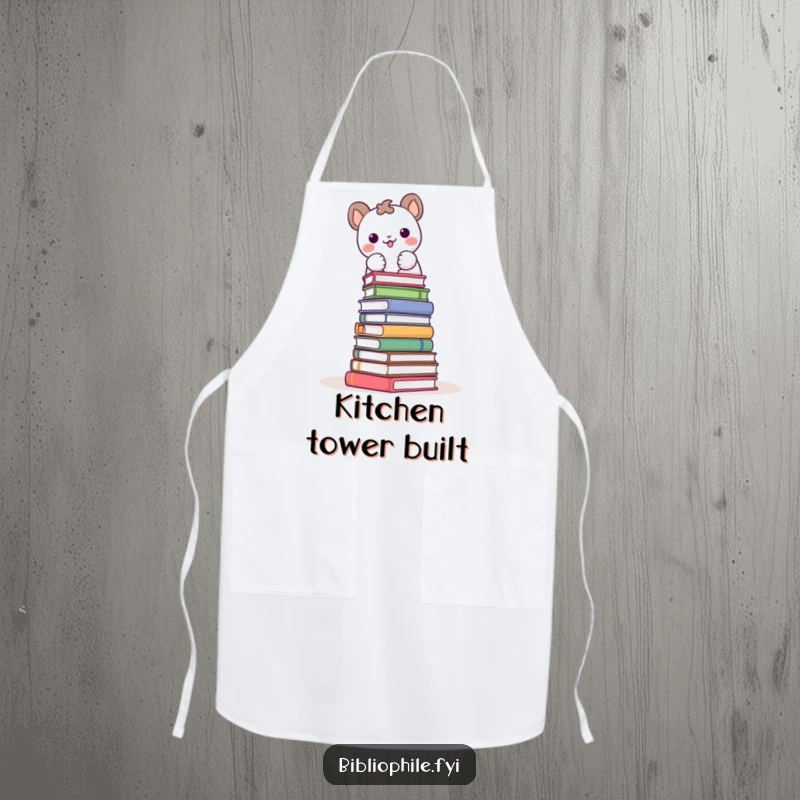 Funny apron with a cute animal character joyfully stacking books into a tower, suitable for kitchen use and book lovers.