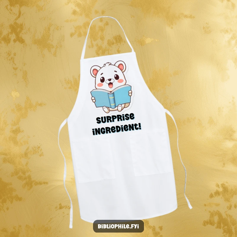 Funny apron depicting a cute animal with a surprised expression holding a pop-open book, suitable for kitchen use and humor.