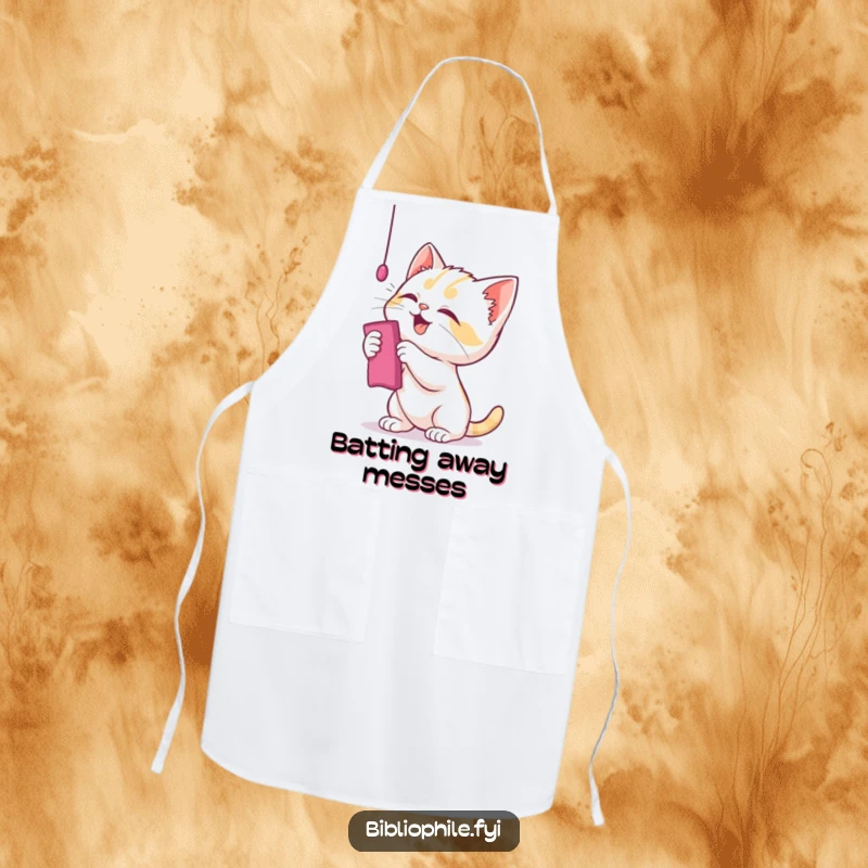 Funny kitten apron with a playful character batting at a bookmark, perfect for a fun kitchen.