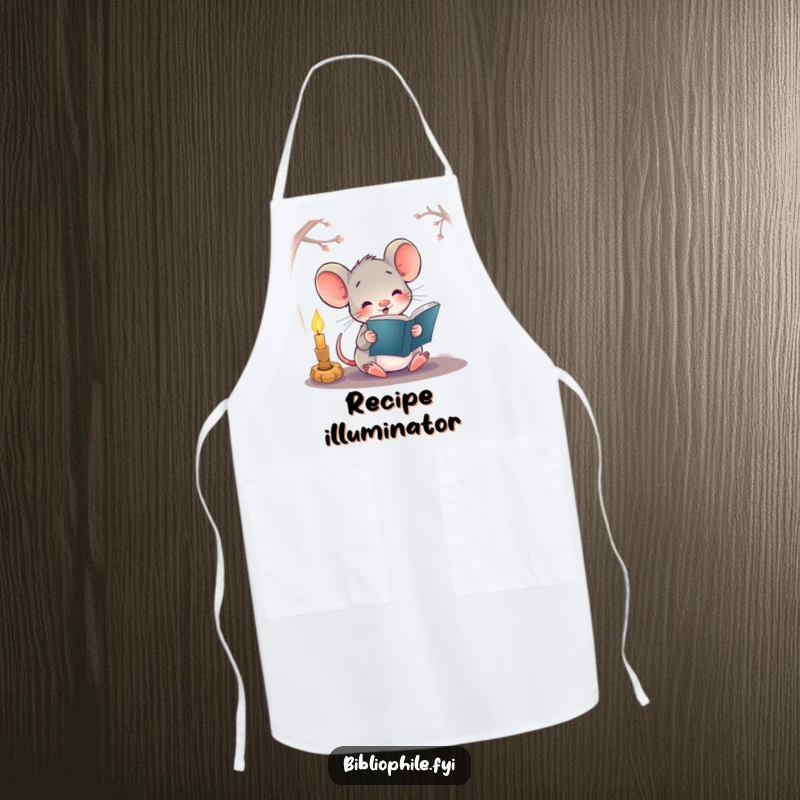 Funny apron with a happy mouse character reading a book by candlelight, perfect for kitchen adventures.