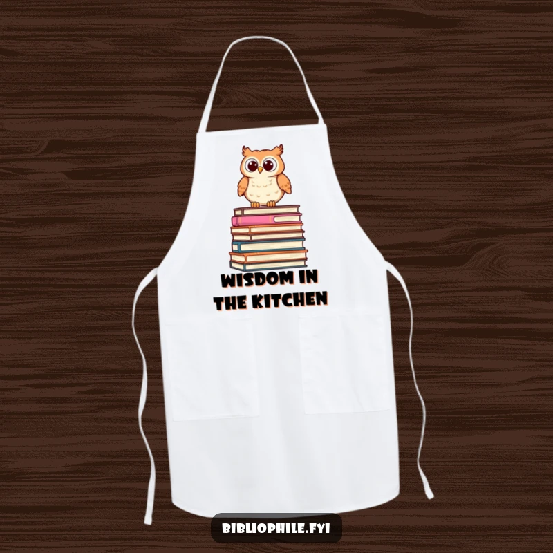 Funny Owl Apron featuring a cute, stylized owl perched on a stack of oversized books, peering curiously, ideal for kitchen use.