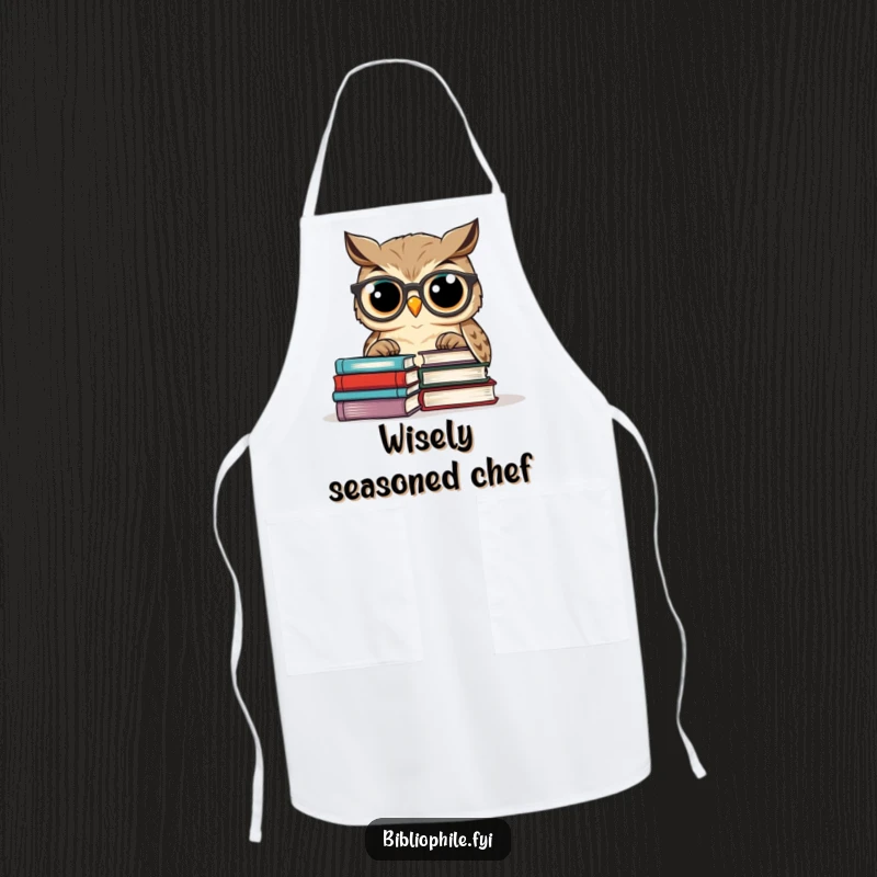 Funny owl wearing glasses, looking studious while holding a book, on a kitchen apron.