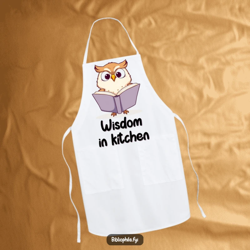 Funny apron featuring a cute owl character enthusiastically turning pages of a book, blending culinary and literary passions humorously.