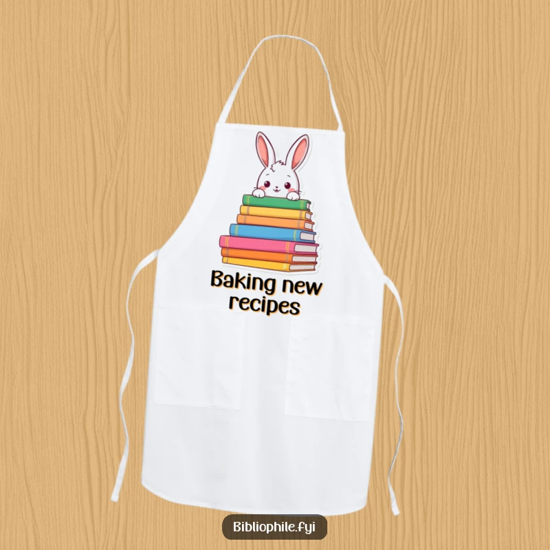 Funny rabbit peeking from book stacks on a baking apron, combining culinary arts and reading with humor, a unique funny gift.