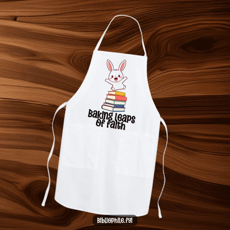 Funny apron with a cute rabbit character enthusiastically leaping over a stack of novels, blending cooking and reading fun.