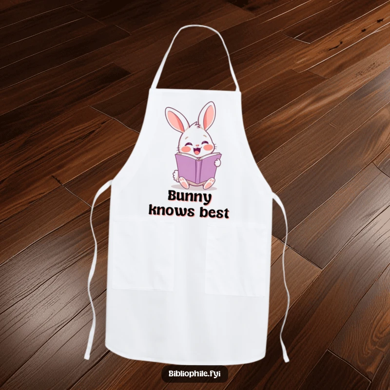 Funny rabbit apron with a cheerful character turning a page, perfect for a joyful kitchen.
