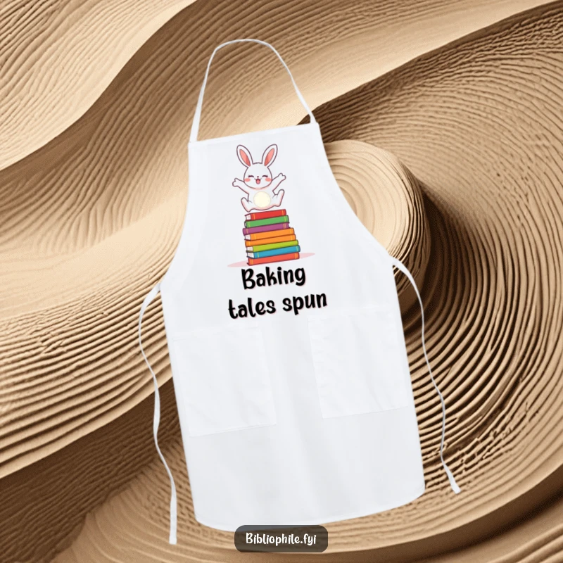 Cheerful rabbit joyfully leaping over storybooks on a kitchen apron, making cooking more fun.