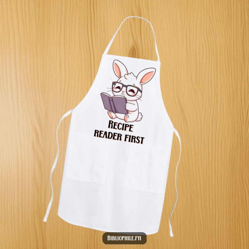 Funny Rabbit Apron: Rabbit wearing reading glasses, engrossed in a story, literary kitchen accessory.