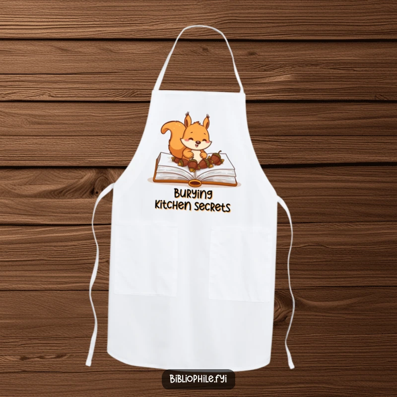 Funny Squirrel Apron showing a happy squirrel character burying acorns within the pages of a large hardcover book, great for cooking.