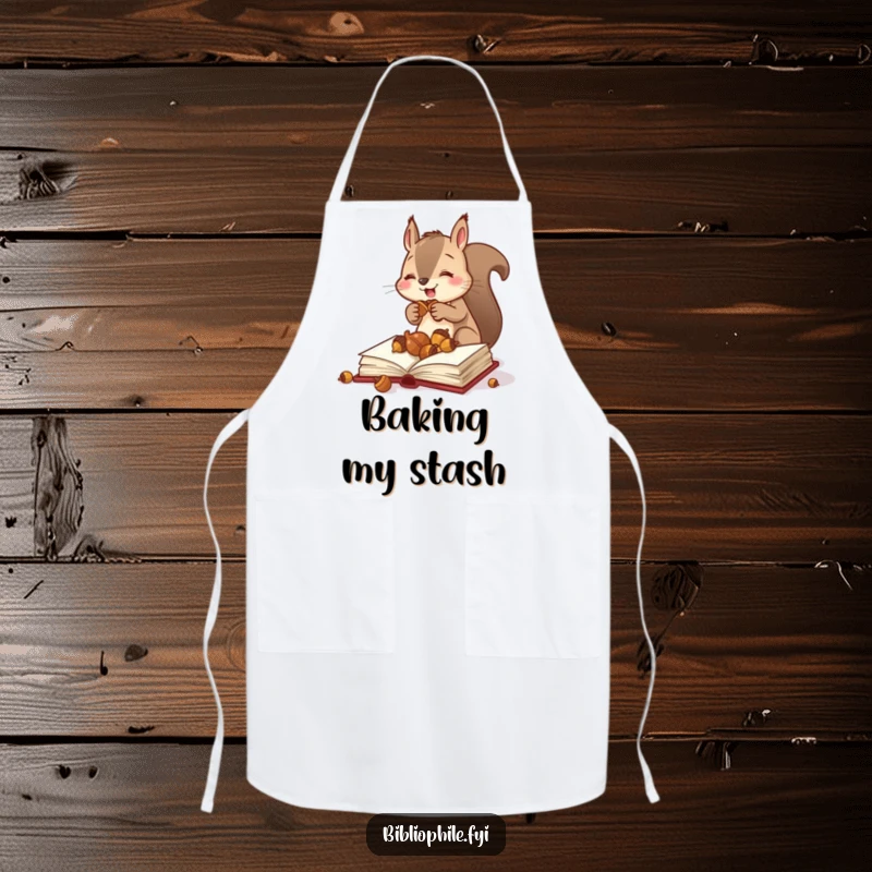 Funny squirrel storing acorns in a book while wearing a baking apron, combining cooking and preparedness with humor, a unique funny gift.
