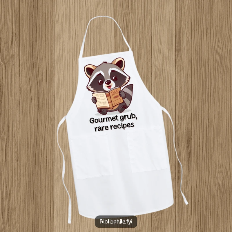 Funny Raccoon Apron showing a cute raccoon character excitedly showcasing a newly discovered rare book, adding adventurous humor to cooking.