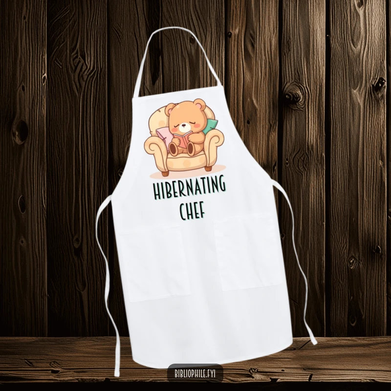 Funny Sleepy Bear Apron showing a sleepy bear character curled up on a comfortable armchair made of pillows, reading, great for kitchen use.