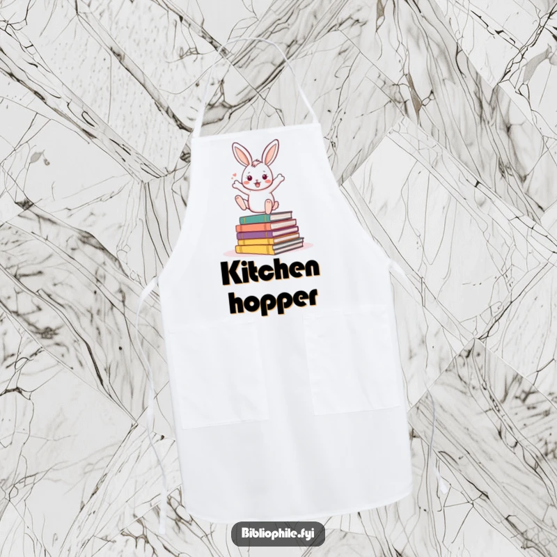Funny Rabbit Apron showing an energetic rabbit character bouncing excitedly on a pile of storybooks, great for kitchen use.
