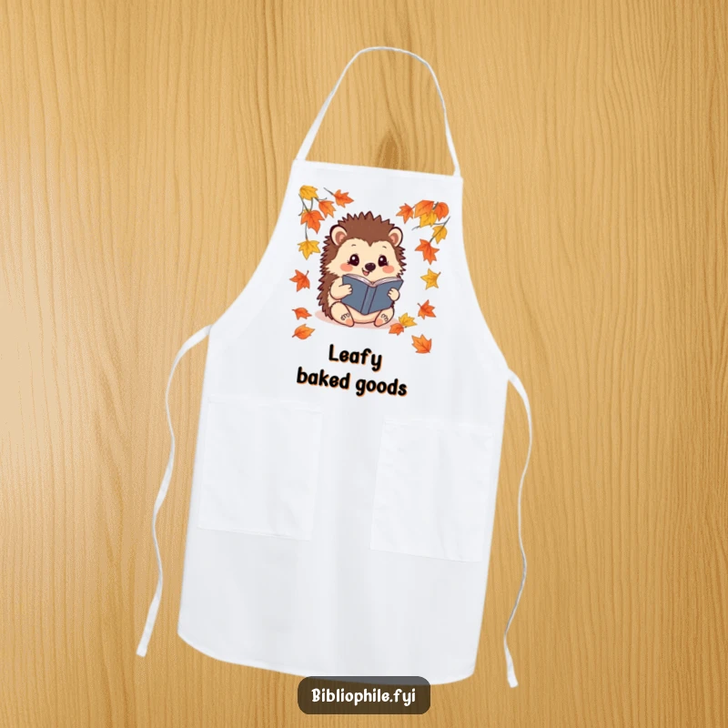 Funny Hedgehog Apron: A cheerful hedgehog reads a book among fallen leaves, adding humor and seasonal charm to cooking.