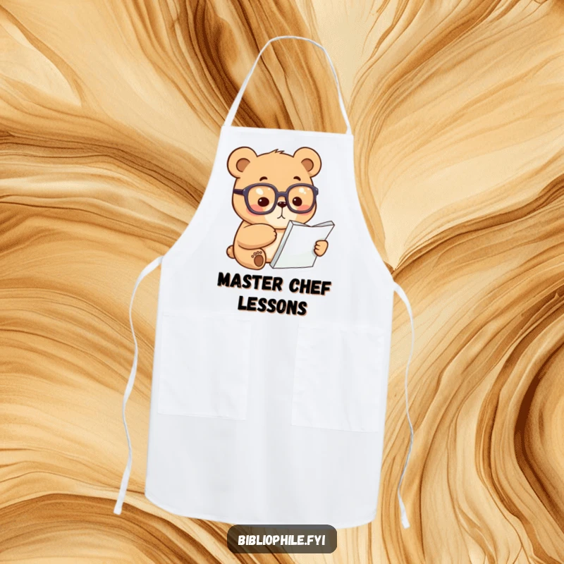 Funny Bear Apron: A focused bear with glasses points at a book page, adding humor and intellectual charm to cooking.