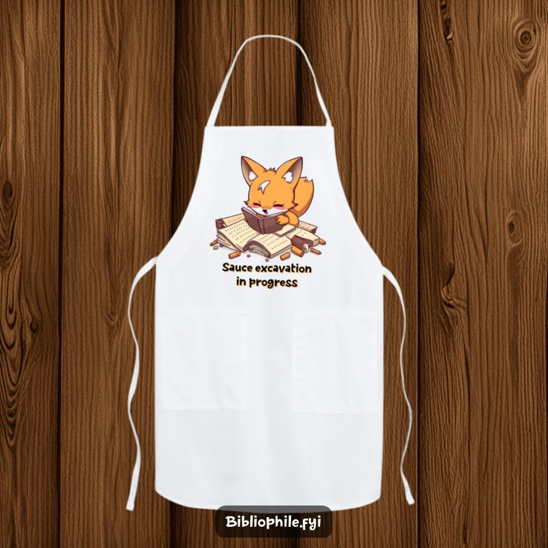 Playful fox enthusiastically digging through manuscripts on a kitchen apron, adding a touch of fun.