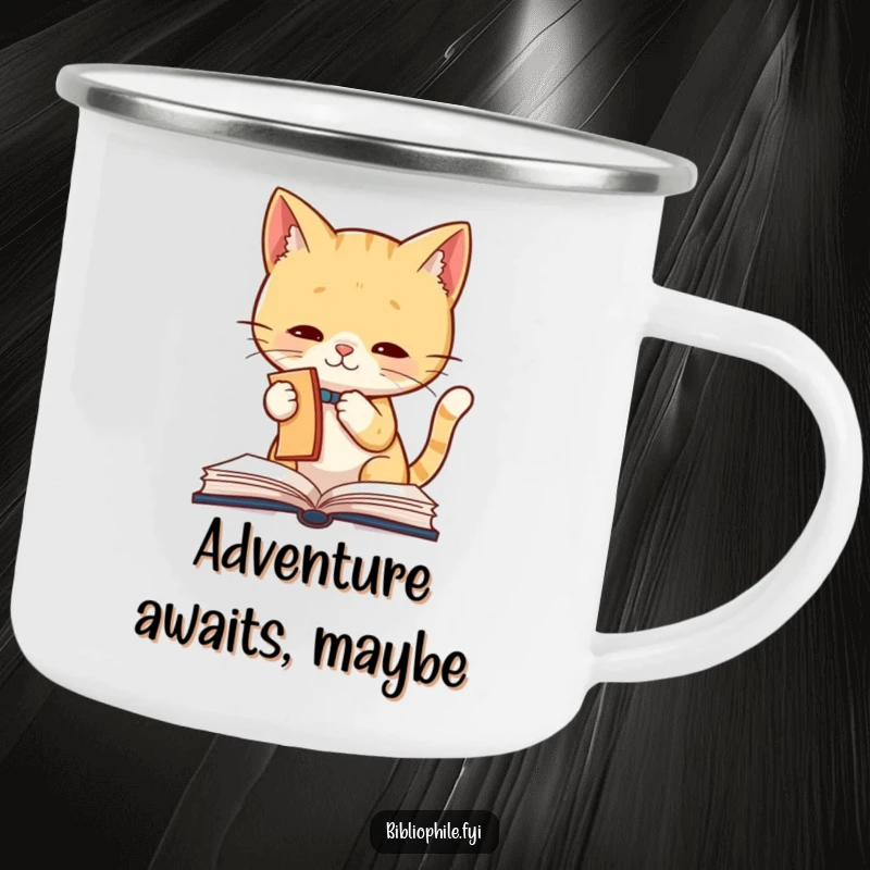 Funny Cat Camping Mug illustrating a cute cat character batting playfully at a bookmark, perfect for outdoor enthusiasts and book lovers.