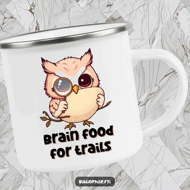 Funny owl monkler camping mug, a wise owl with a monocle reading a book by the campfire, outdoor funny gift.