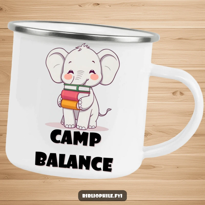 Funny camping mug with a cheerful elephant balancing books on its trunk, ideal for enjoying beverages on wise adventures.