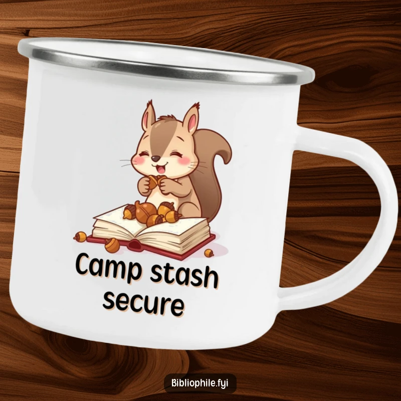 Funny squirrel storing acorns in a book on a camping mug, symbolizing preparedness and humor for outdoor activities, a unique funny gift.