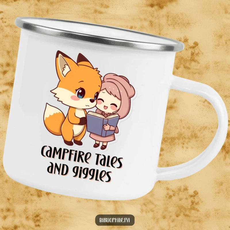 Funny fox and book friend camping mug, fox and book character sharing a joke by a campfire, outdoor funny gift.