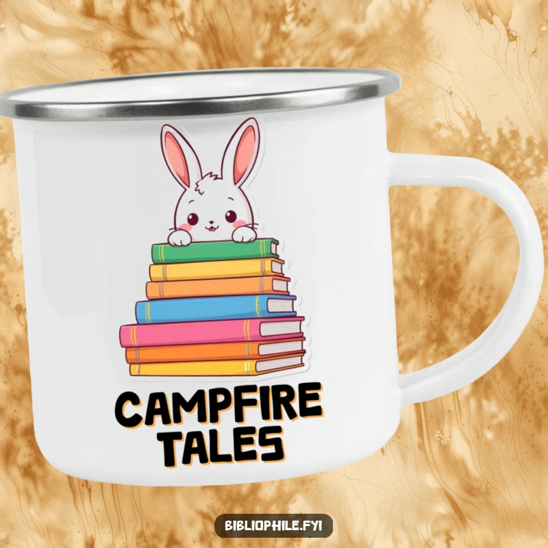 Funny rabbit peeking from book stacks on a camping mug, perfect for exploring stories outdoors with humor, a unique funny gift.