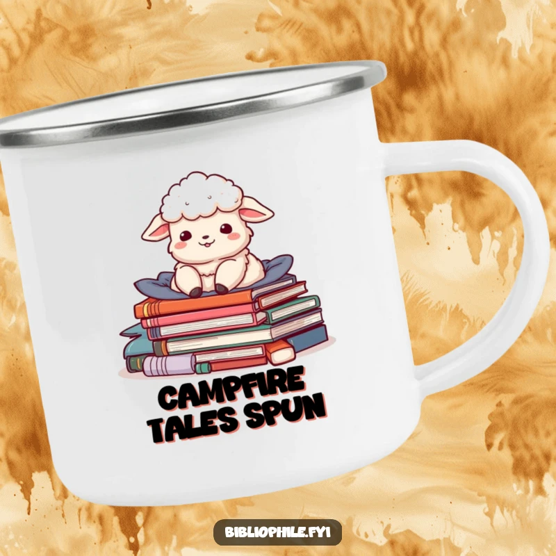 Funny camping mug featuring a delighted sheep character nestled in a pile of stories, perfect for cozy outdoor reading.