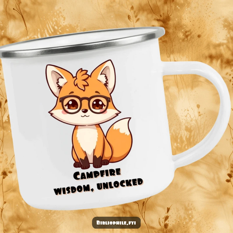 Funny scholar fox with spectacles on a durable camping mug, ready for outdoor adventures and reading.
