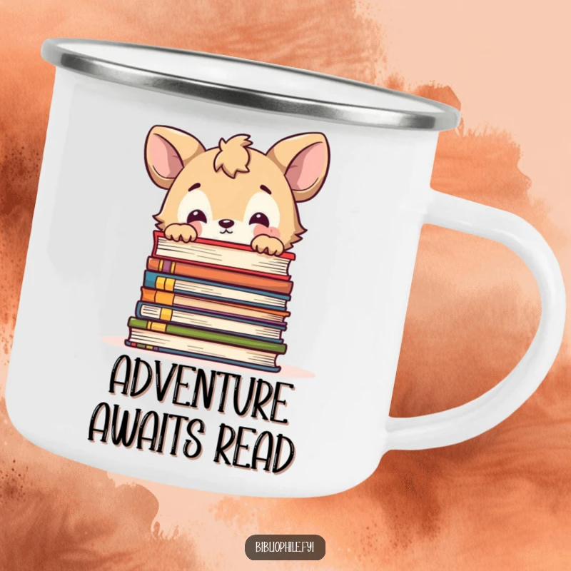Funny camping mug featuring a cute animal character curiously peeking over a large stack of books, perfect for outdoor contemplation.