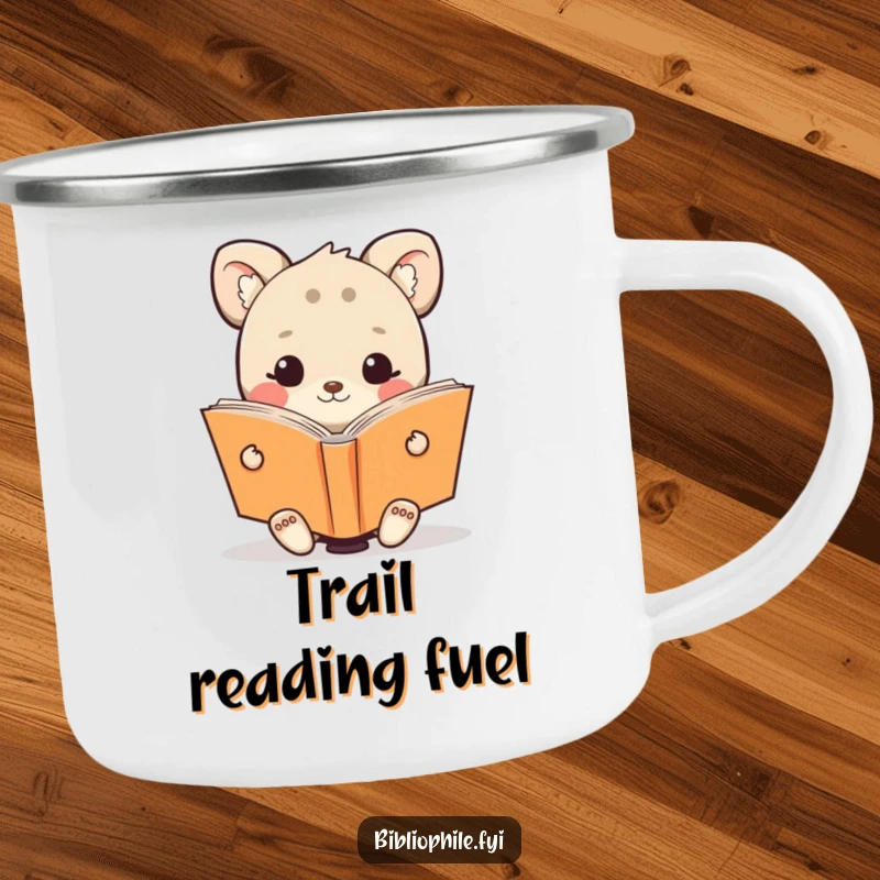 Funny camping mug featuring a cute animal character happily reading an oversized book, perfect for happy outdoor reading.