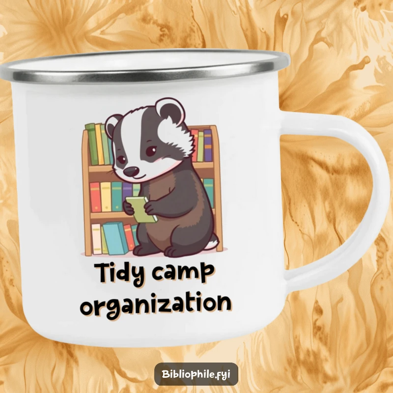 Diligent badger meticulously organizing tiny novels on a durable enamel camping mug.