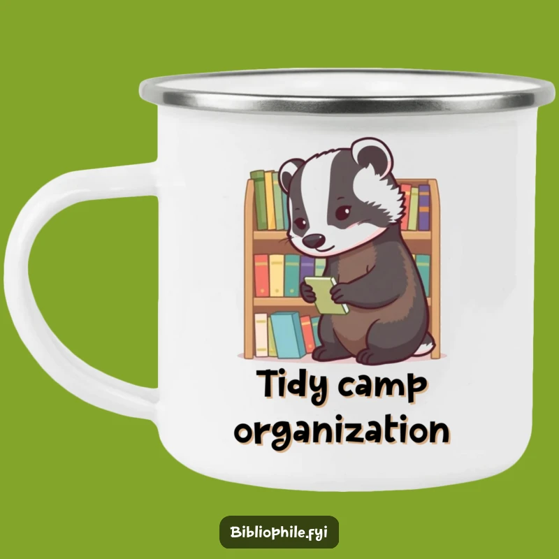 Funny Badger Librarian Camping Mug: Diligent Badger Book Enamel Mug, Tidy Funny Gift