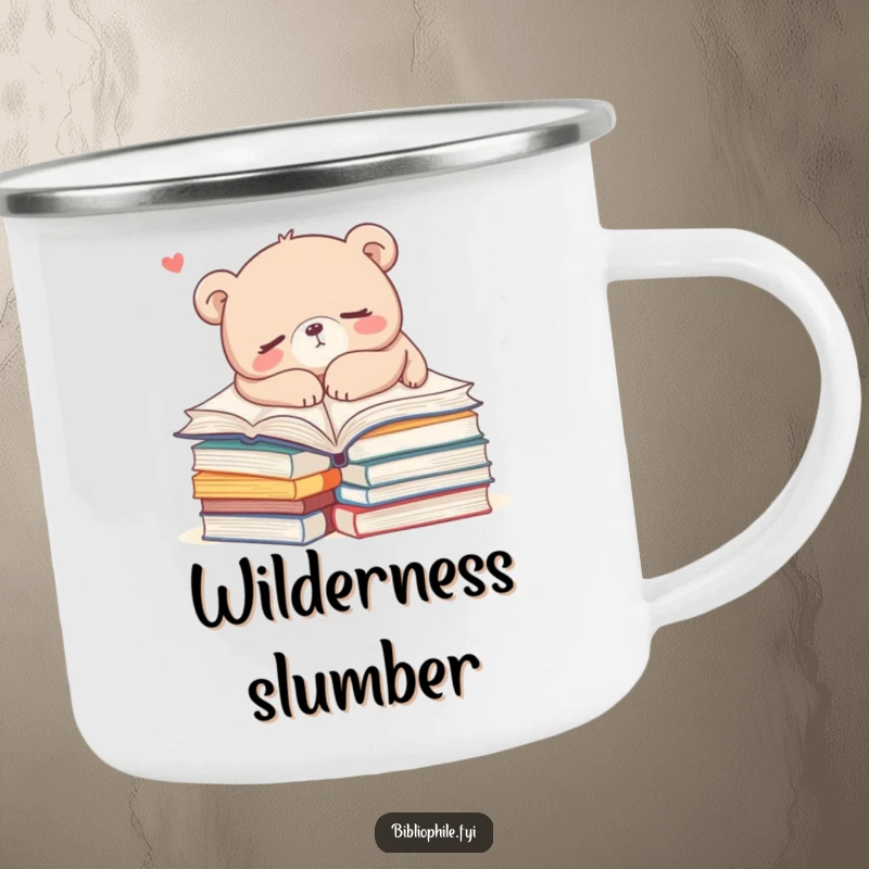 Funny bear napping on books on a camping mug, perfect for cozy outdoor reading and humorous relaxation, a unique funny gift.