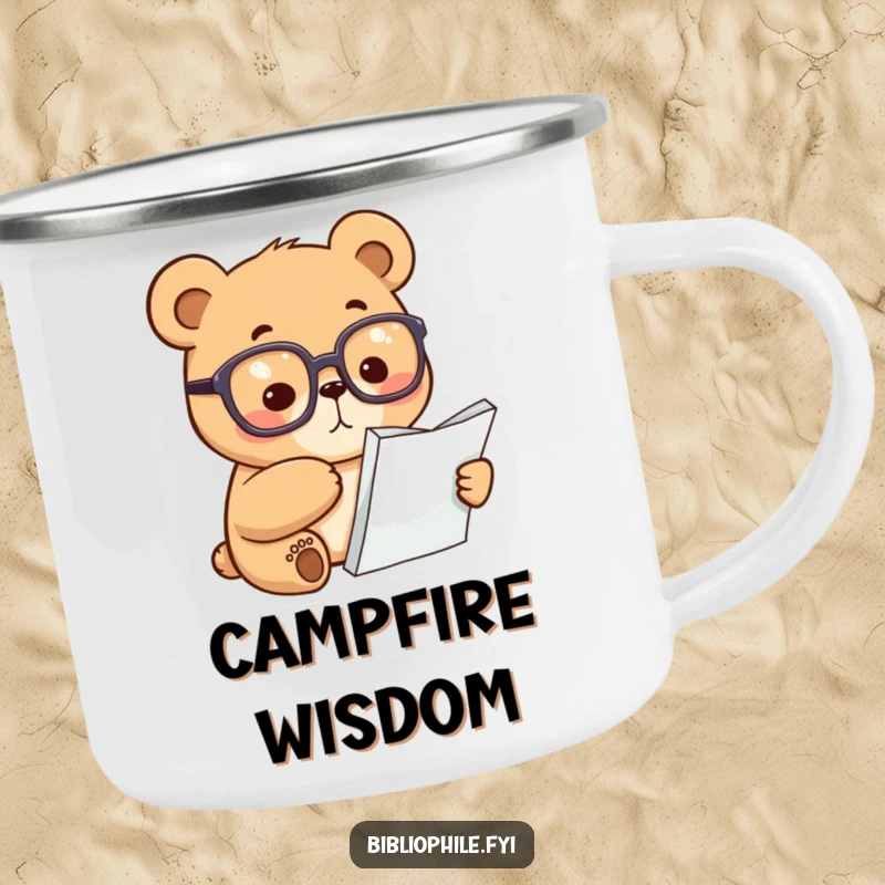 Funny Bear Camping Mug: A focused bear with glasses points at a book, perfect for enjoying drinks during outdoor adventures.