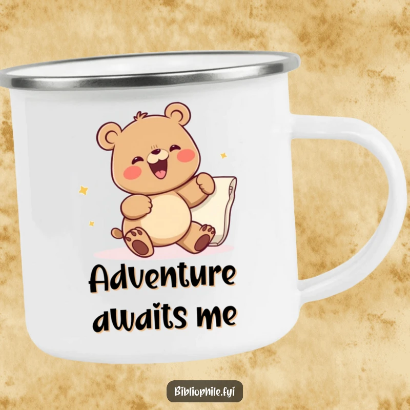 Funny camping mug with a joyful bear character flipping a big book page, perfect for outdoor reading adventures and cozy campfire tales.