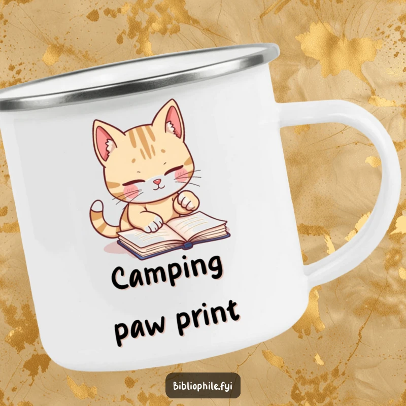 Funny camping mug featuring a cute cat character diligently marking a book page with its paw, ideal for outdoor reading.