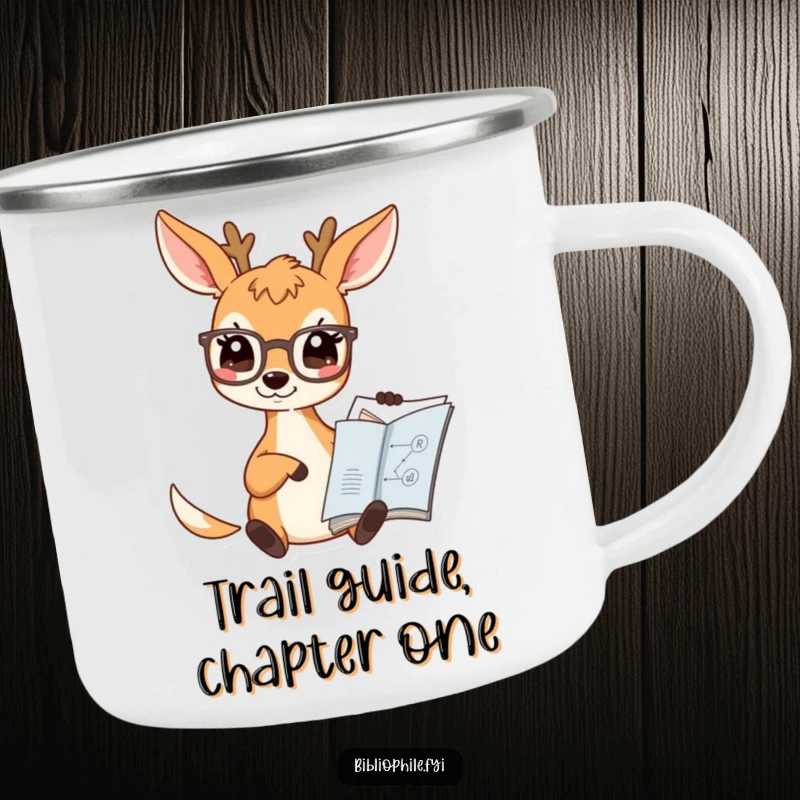Funny Deer Camping Mug showing a cute deer character wearing spectacles and pointing at a book diagram, perfect for outdoor study.